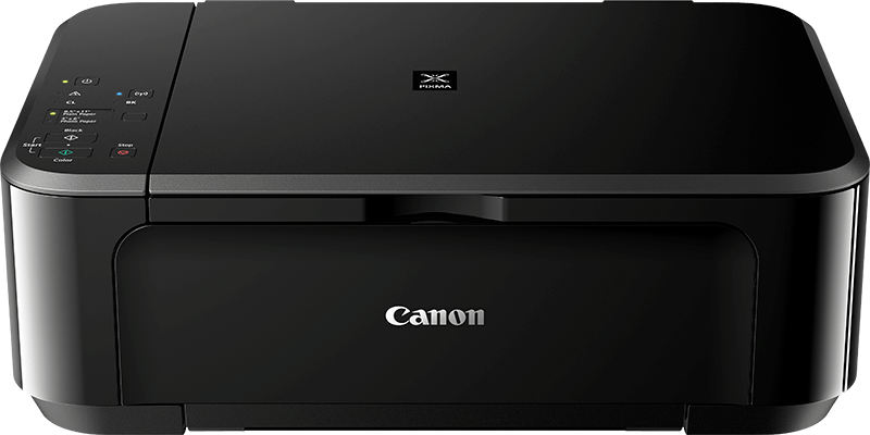 Imprimante Canon noire. Logo Canon à l'avant, boutons de commande en haut à gauche.