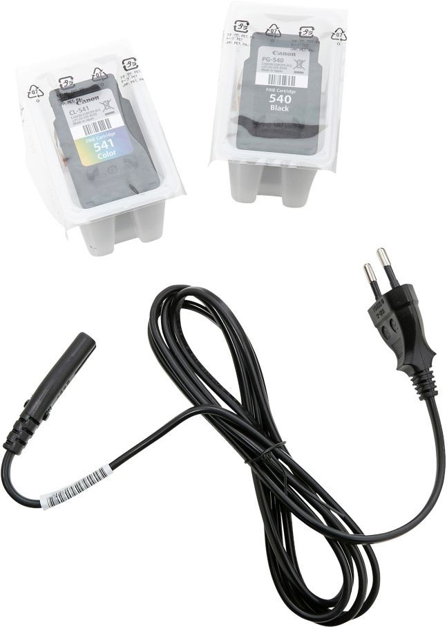 Deux cartouches d'encre d'imprimante et un câble d'alimentation noir avec connecteur, fond blanc.