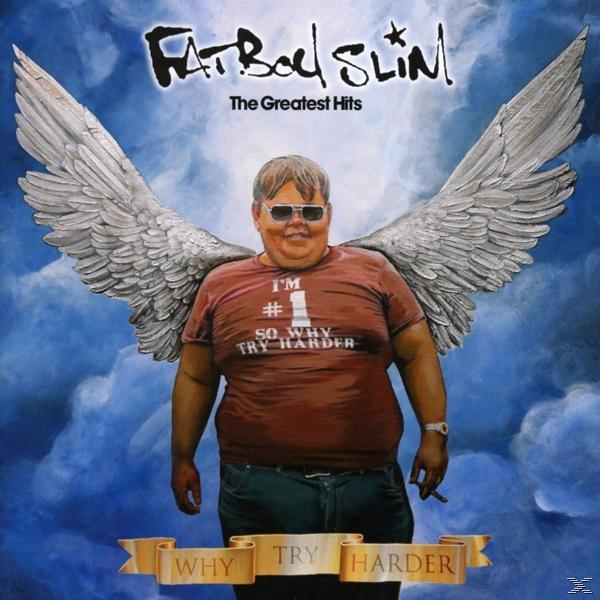 Album borító: Fatboy Slim, szárnyas férfi pólóval, felhős égbolttal.