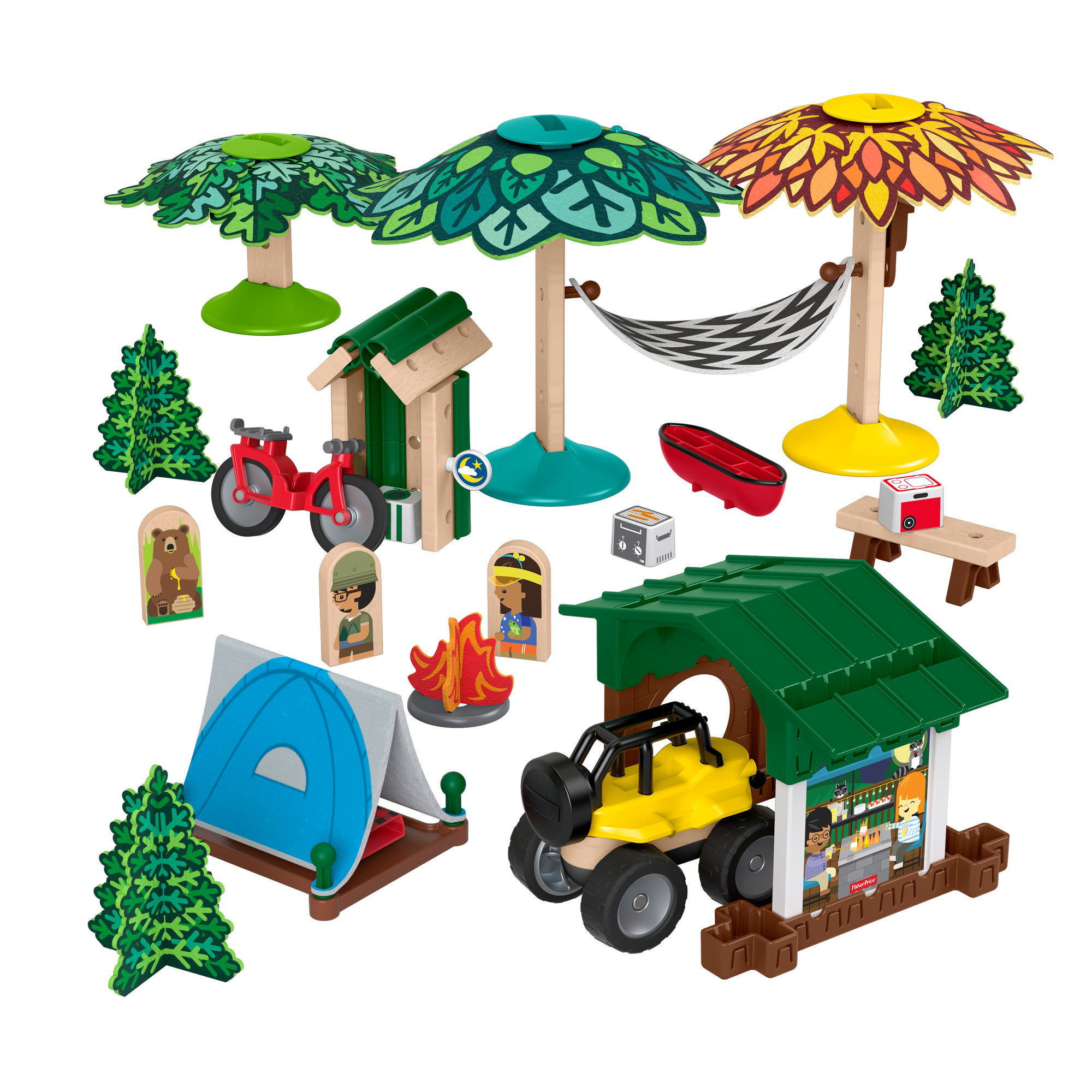 Spielzeug-Campingplatz-Szene mit Bäumen, Zelten, einem Auto und Figuren. Bunt und verspielt.