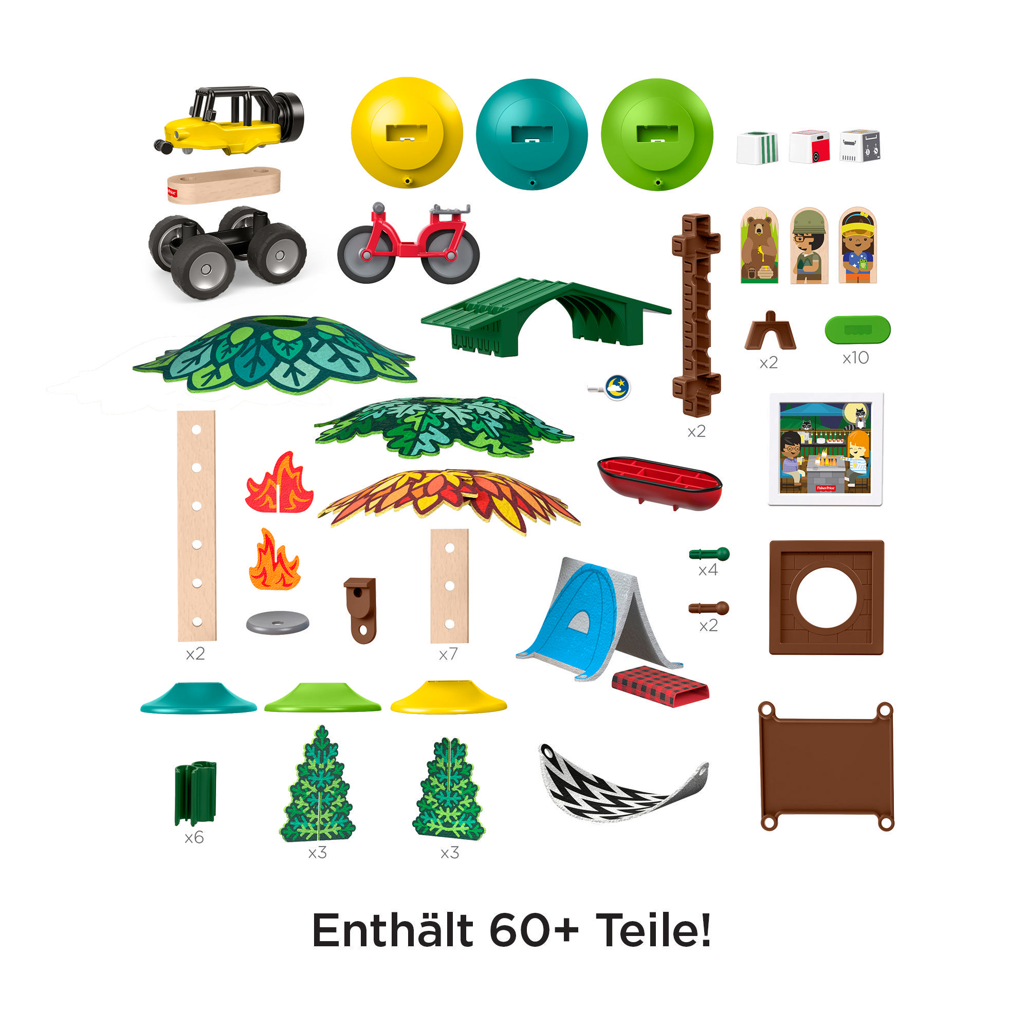 Eine Sammlung von Spielzeug-Campingartikeln, darunter Bäume, ein Zelt und eine Hängematte. Weißer Hintergrund.
