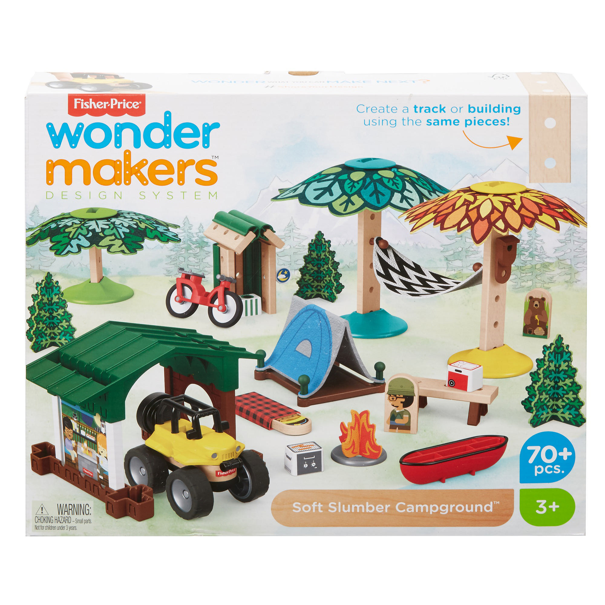 Spielzeugset mit Campingplatz-Elementen wie Zelt, Jeep, Personen und Lagerfeuer.