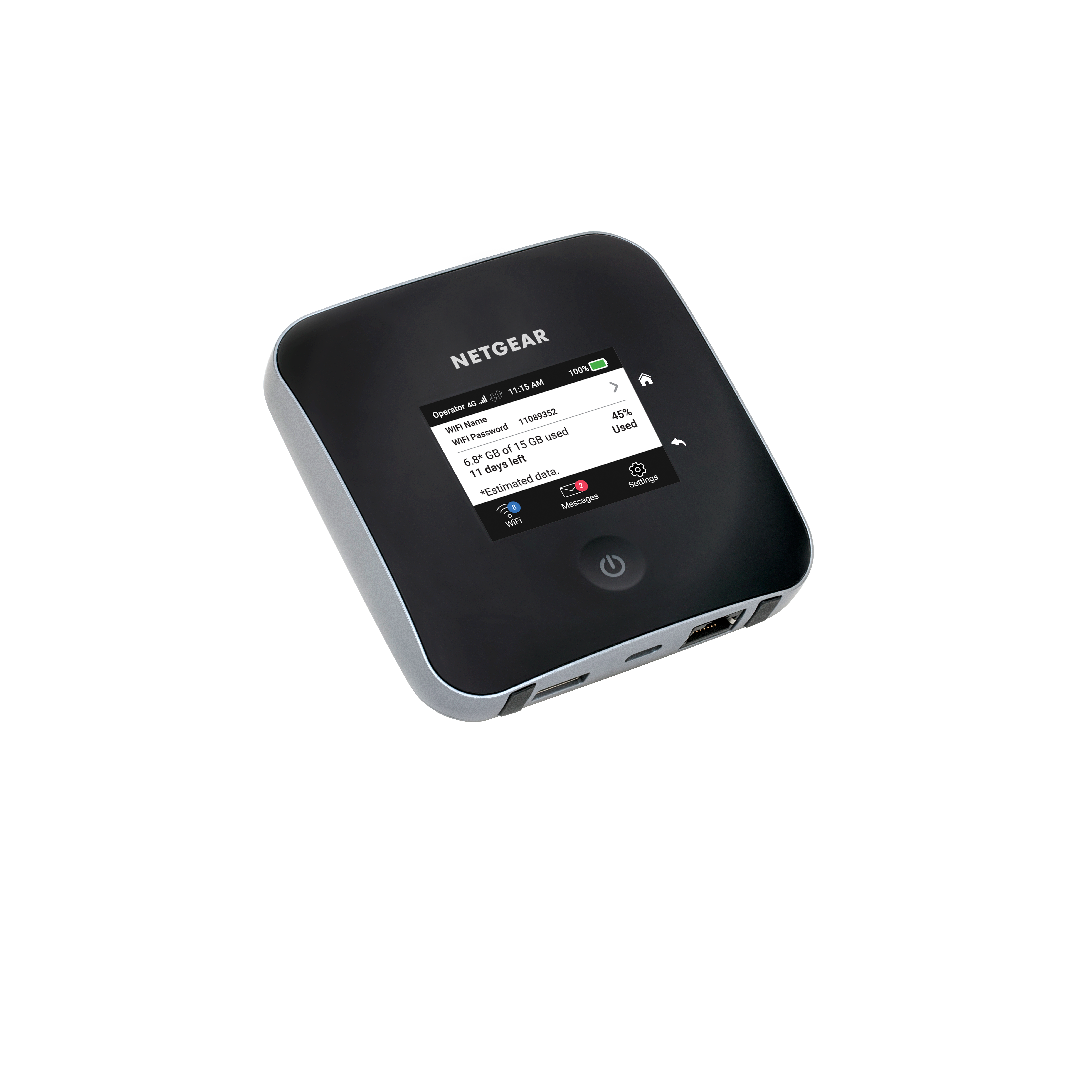 Netgear mobile hotspot device. Black and silver, small screen displaying data.