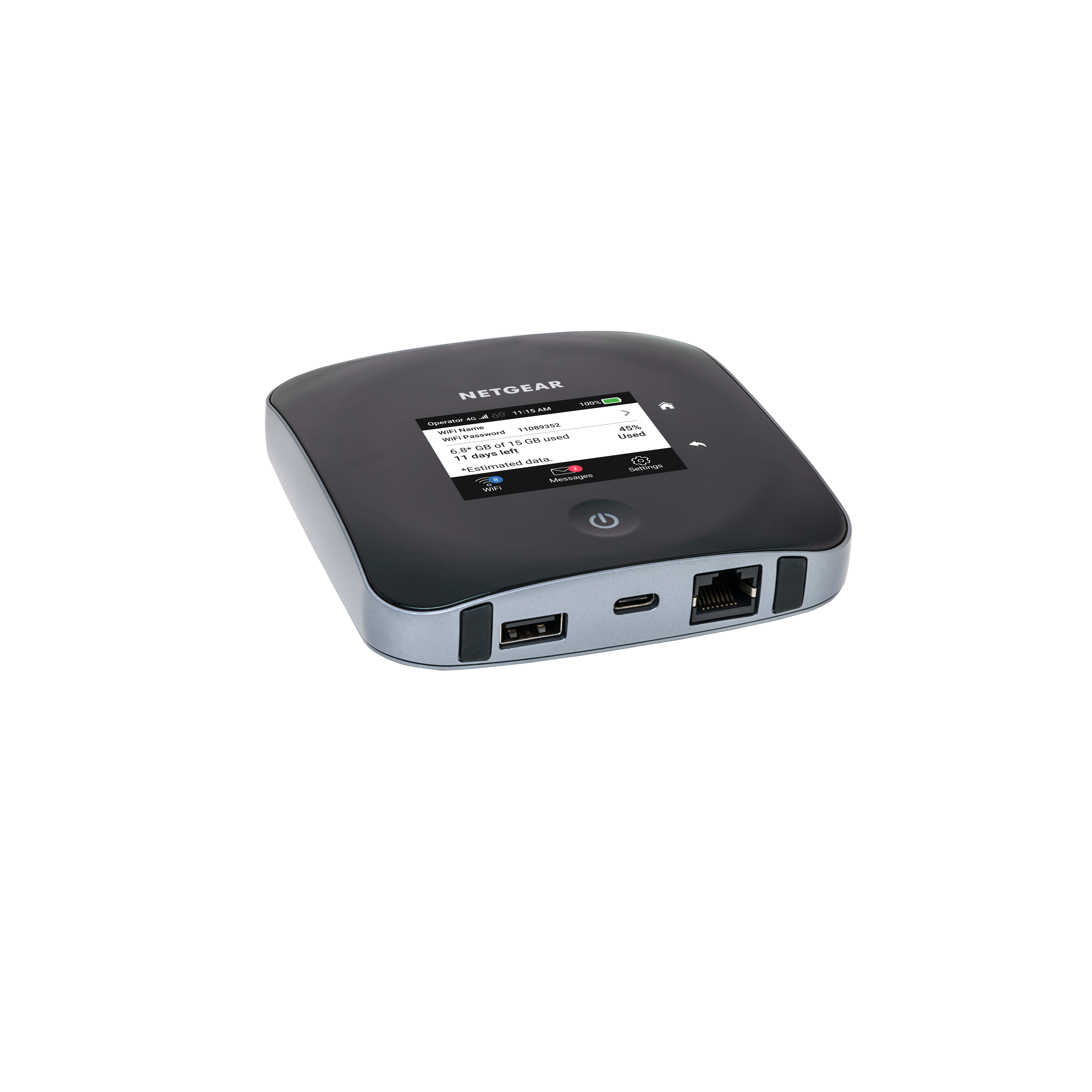 Black and gray portable router with a screen and ports.