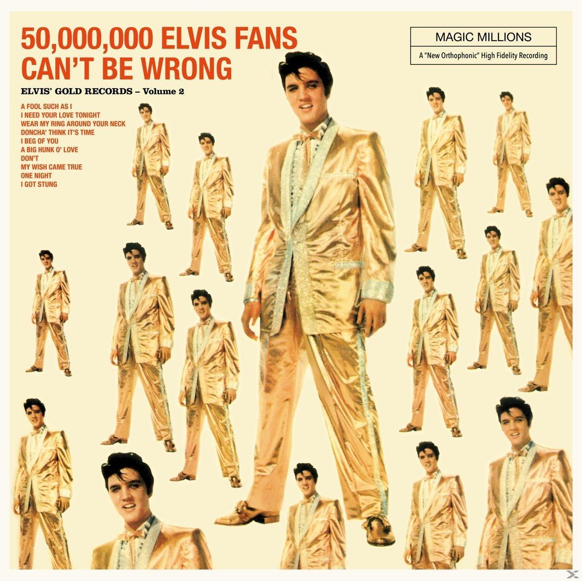 Elvis album borító sok Elvis figurával arany öltönyben. Szöveg: '50,000,000 Elvis Fans Can't Be Wrong'.