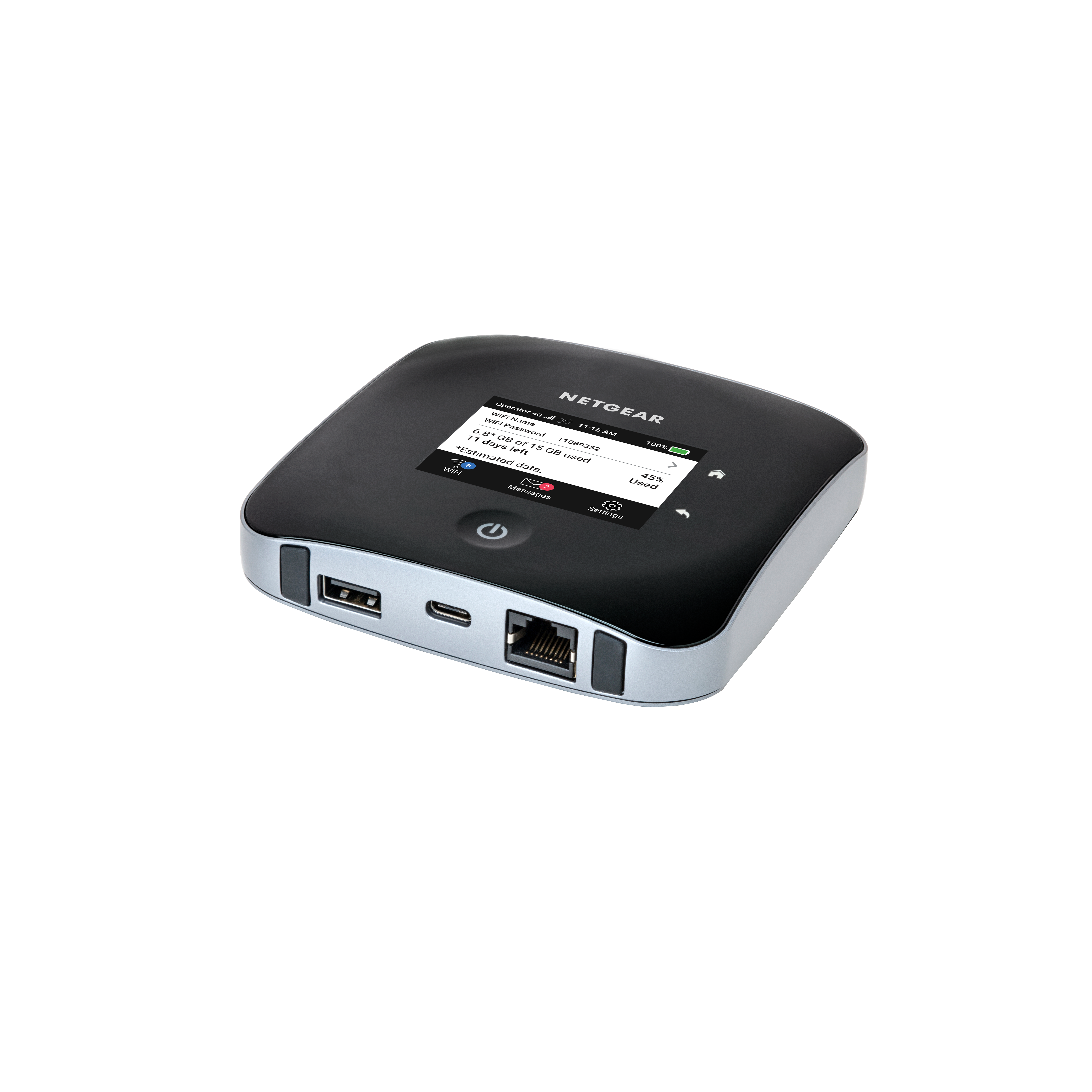 Black Netgear mobile hotspot device on a black background.