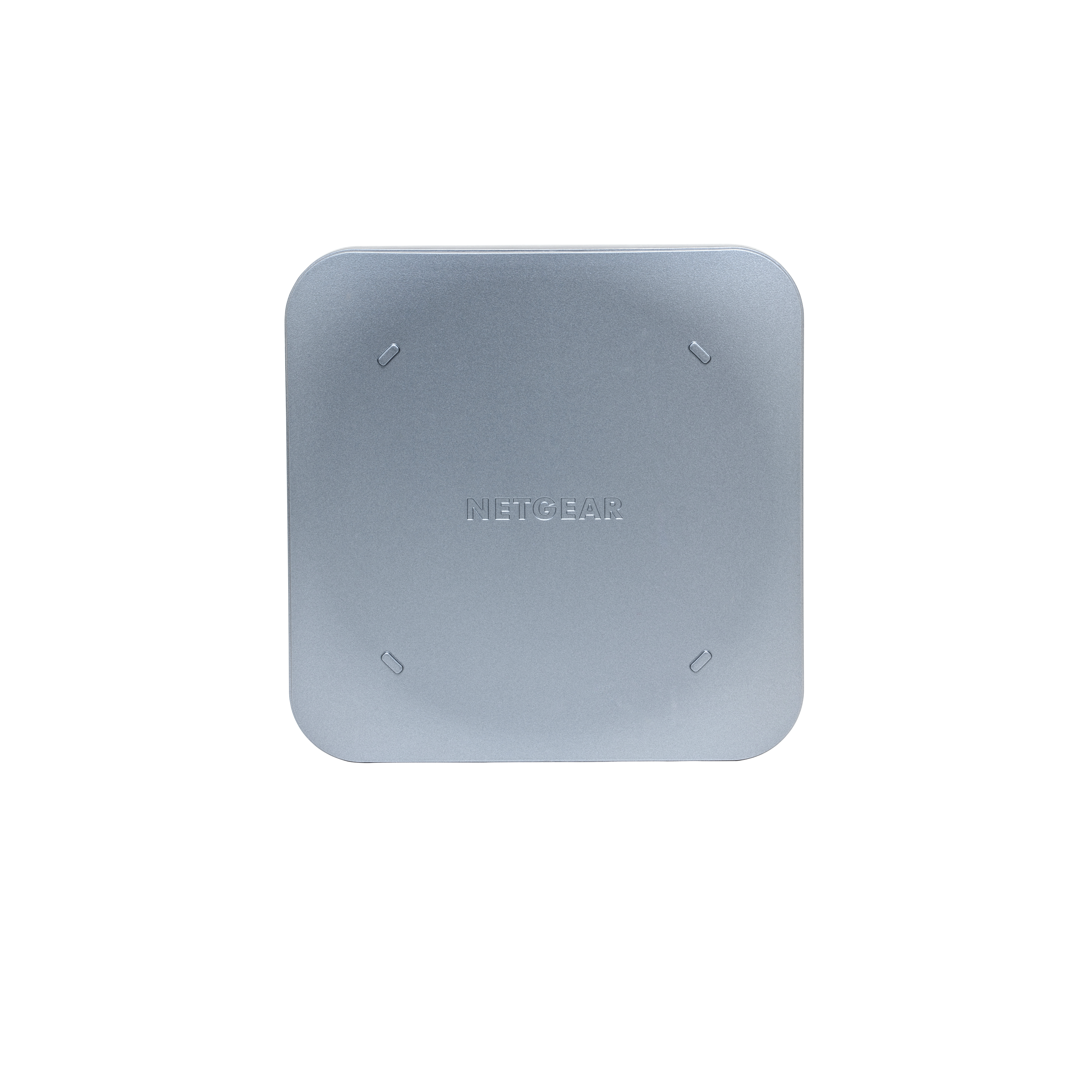 A silver Netgear device, viewed from the top. Square shape with rounded corners.