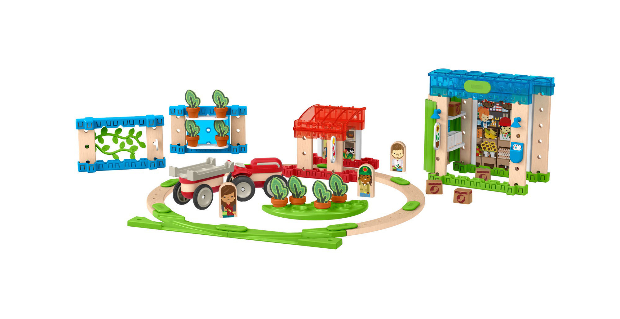 Spielzeugset mit Bauernhof-Thema. Enthält einen Traktor, einen kleinen Laden, Zäune und Figuren.