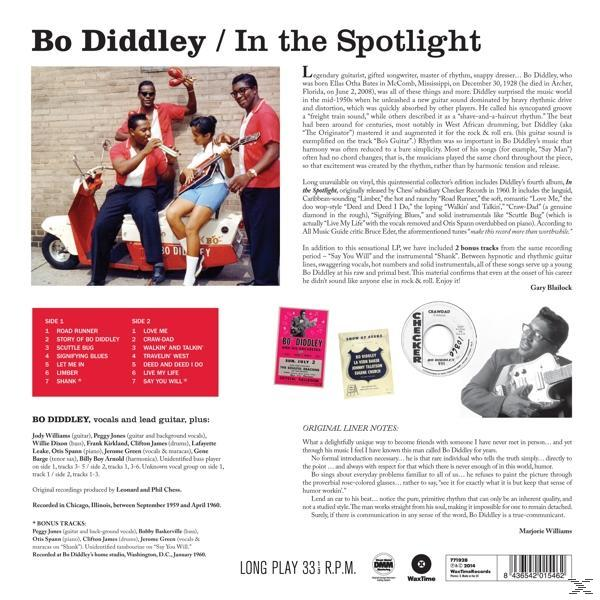 Album borító: Bo Diddley zenekarral, régi autóval, szöveggel. A zenekar tagjai pirosban és feketében.
