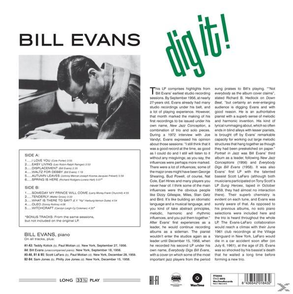 Egy fekete-fehér album borítója Bill Evansről és zongorajátékáról szóló szöveggel.