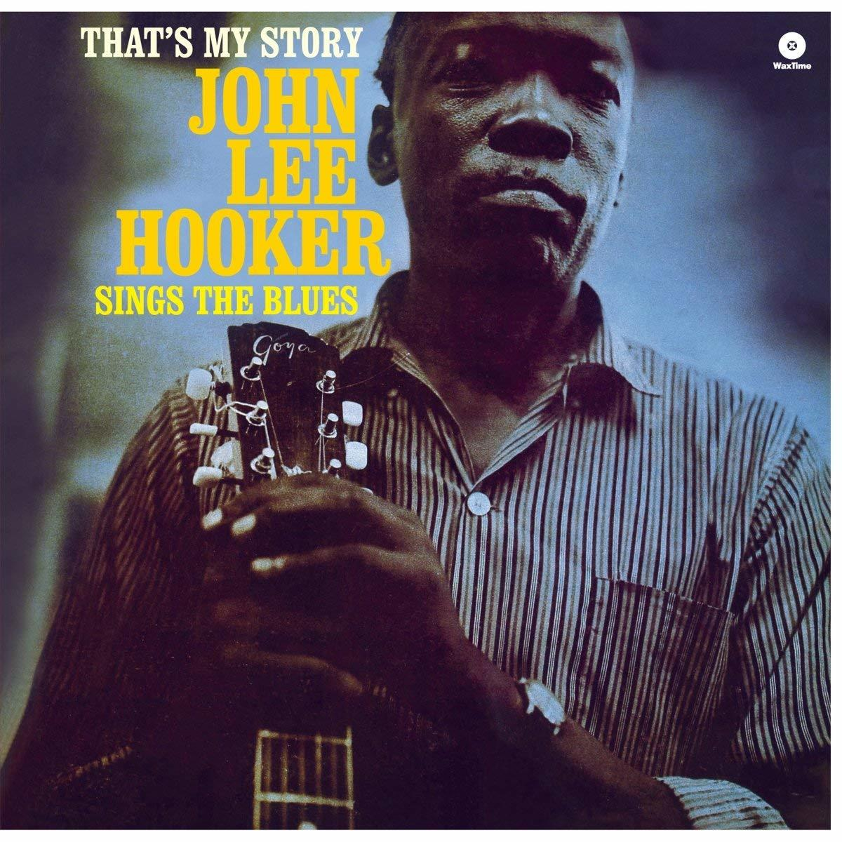John Lee Hooker album borítója gitárral, kék és sárga szöveggel, csíkos inggel.