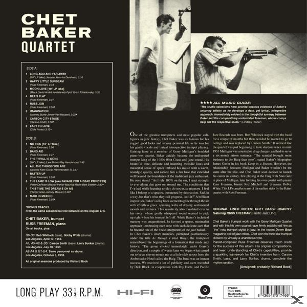 Album borító: Chet Baker Quartet, fekete-fehér fotó zenészekről, szöveg dalokkal és kreditekkel.