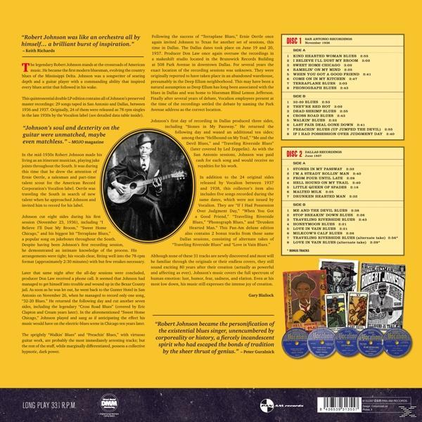 Album borító: Hátlap szöveggel Robert Johnsonról, az album számlistájával és információkkal.