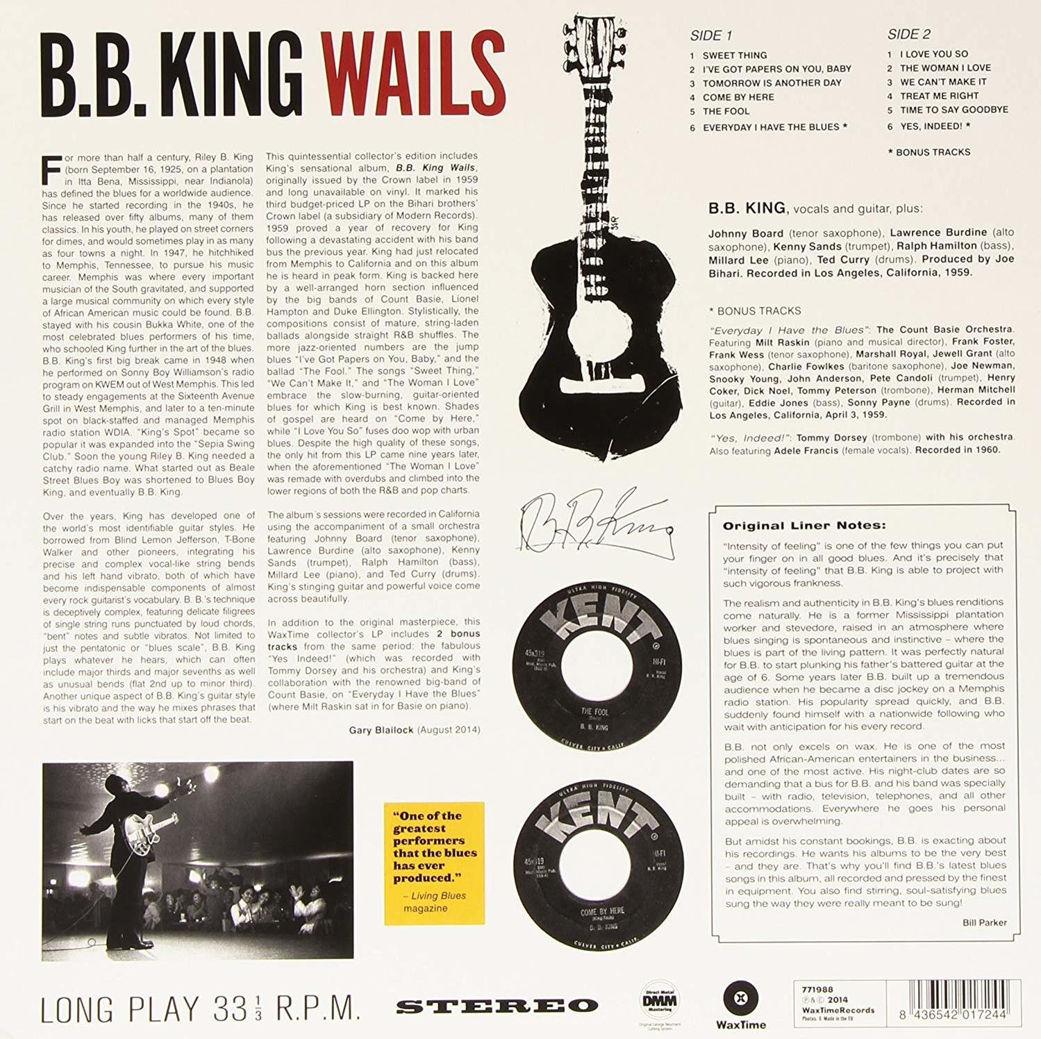 B.B. King album borító gitár sziluettel. Szöveg és képek az albumról és a művészről.