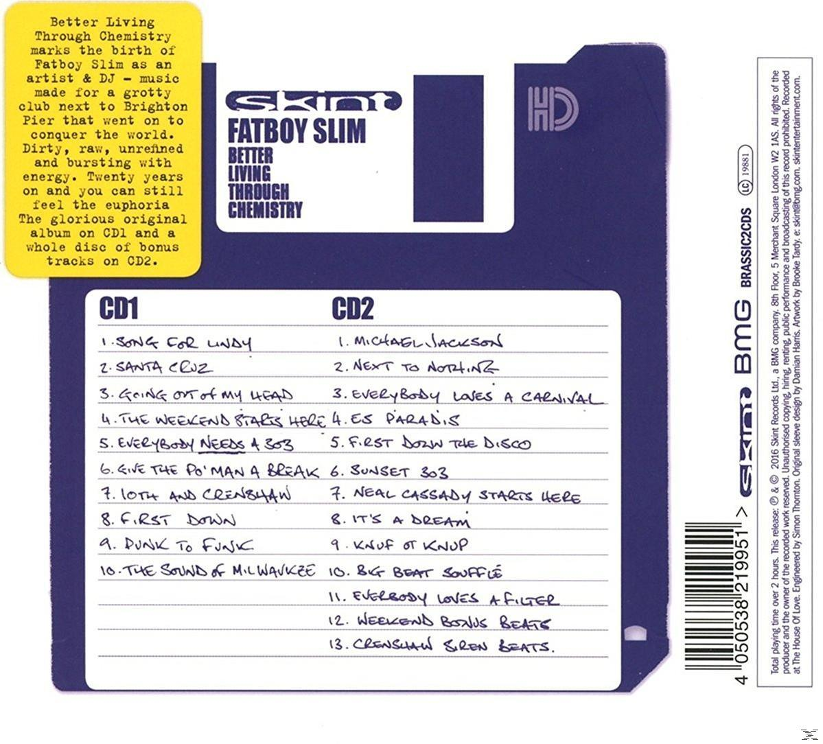 Floppy lemez CD borító. Fehér és sárga. Szöveg: Fatboy Slim, Better Living Through Chemistry.