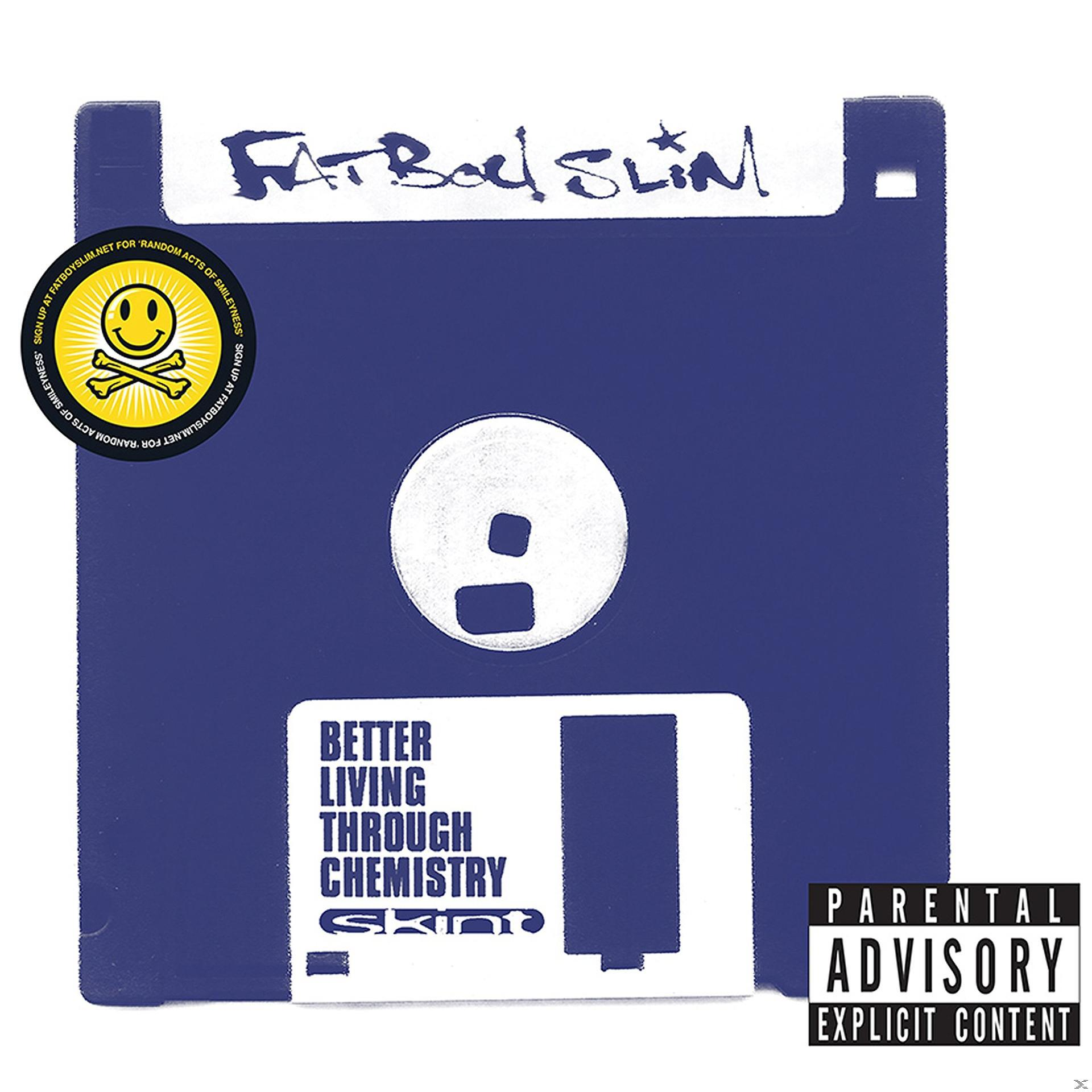 Fatboy Slim album borító: kék hajlékonylemez a 'Better Living Through Chemistry' címmel és egy smiley logóval.