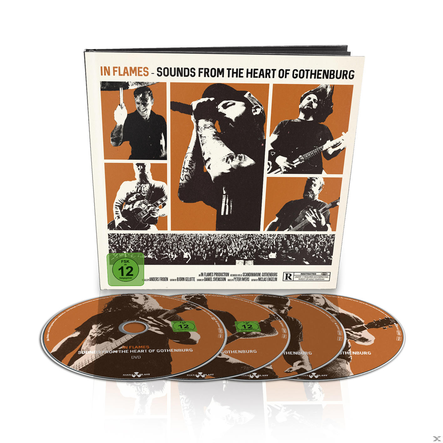 DVD tok zenekari tagokkal akcióban, narancssárga háttérrel és négy DVD-vel. A címe: 'IN FLAMES - SOUNDS FROM THE HEART OF GOTHENBURG'.