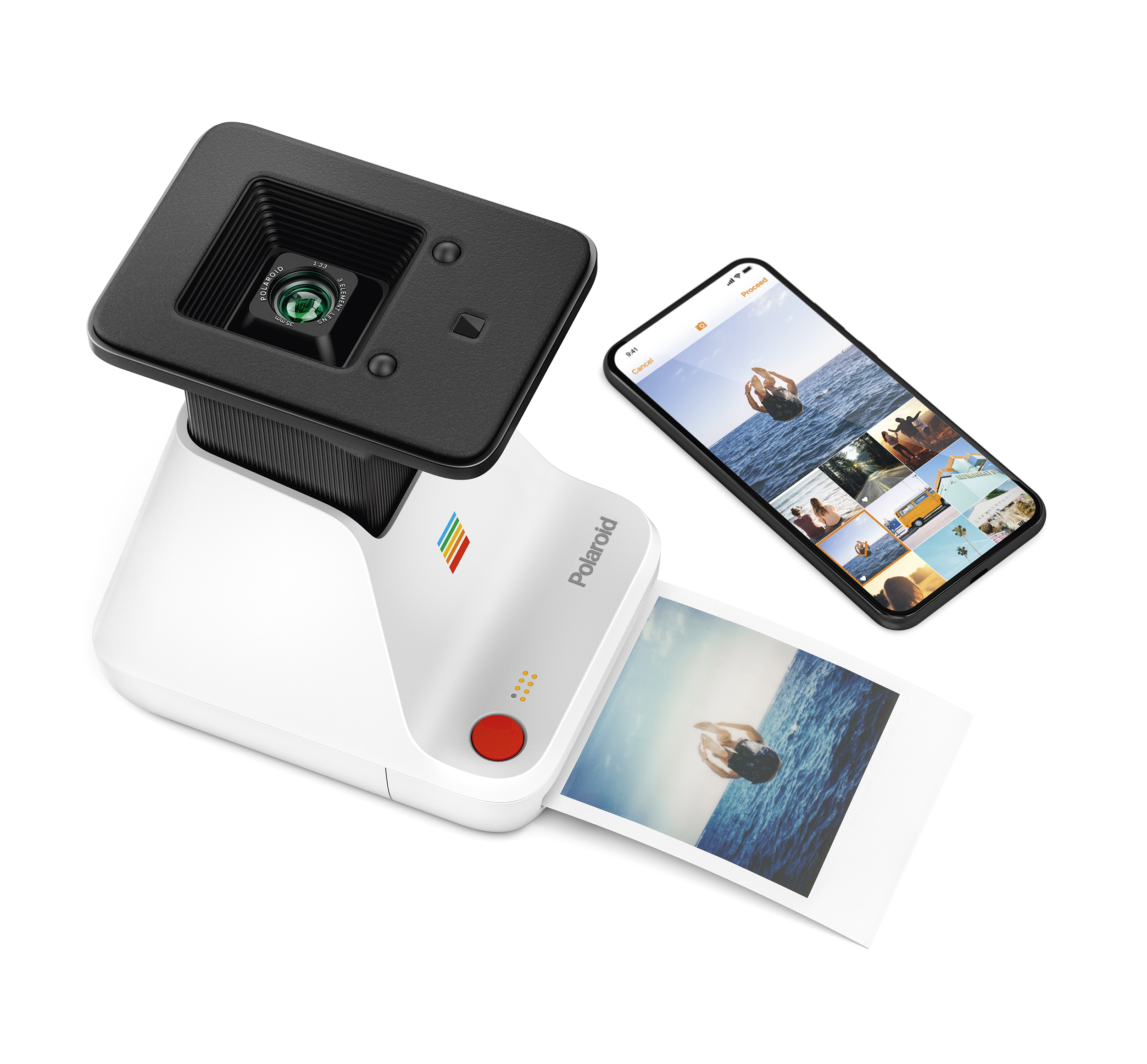 Polaroid-Kamera mit einem Druck und einem Telefon, das ähnliche Bilder zeigt. Schwarz-Weiß-Design.