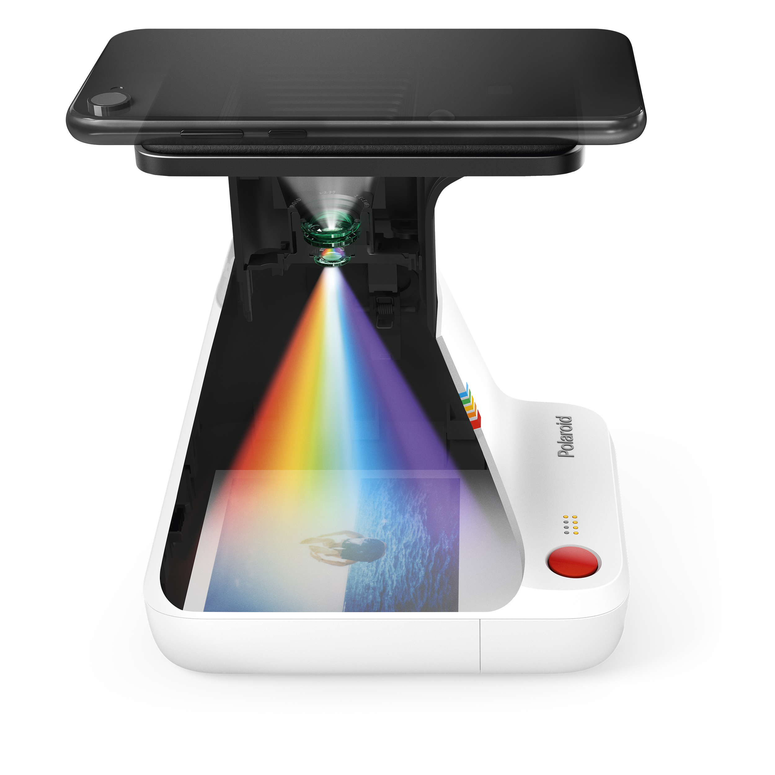 Polaroid-Lab-Gerät, das einen Regenbogen auf ein Foto projiziert, schwarzer Hintergrund.