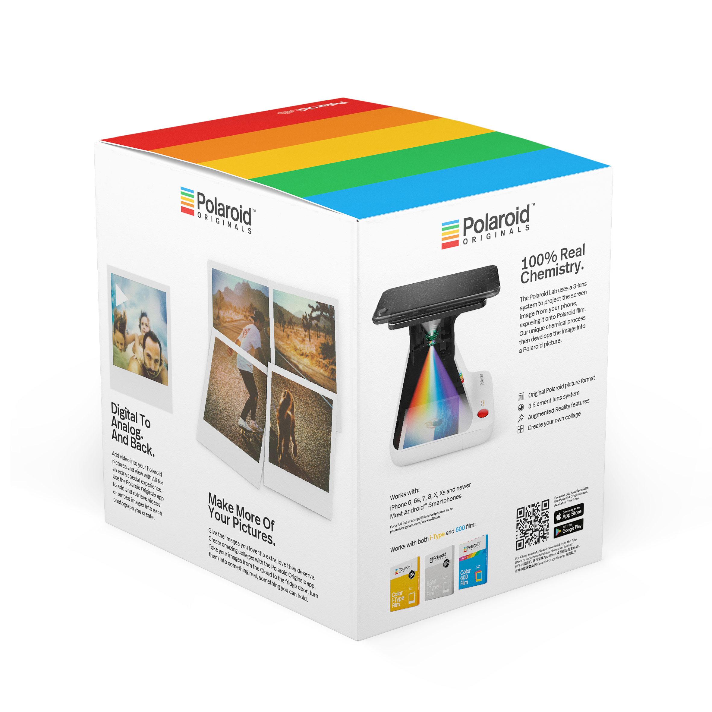 Polaroid-Kamerabox. Zeigt eine Vielzahl von Fotos, mit einem regenbogenfarbenen Deckel und Textbeschreibungen.