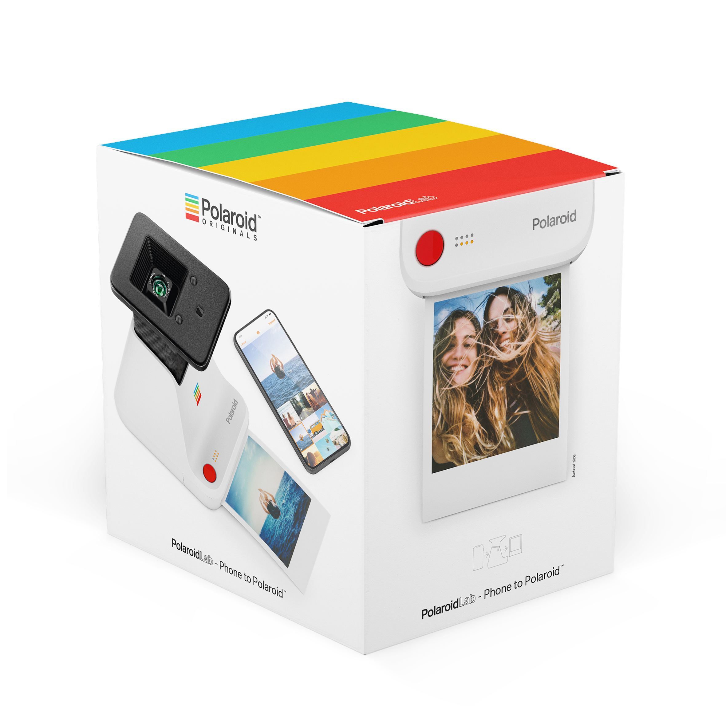 Polaroid-Kamera, Telefon und Box mit Regenbogen.