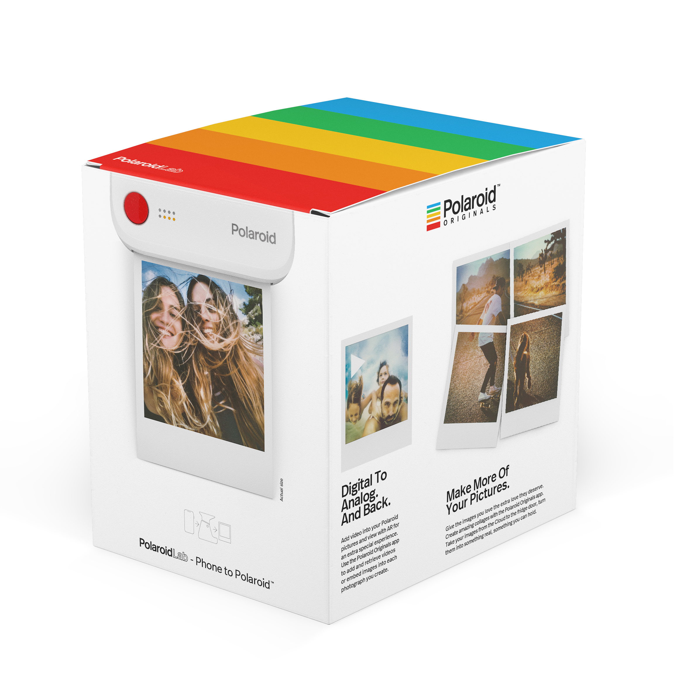 Polaroid-Box mit Regenbogen oben. Bilder von Fotos sind an der Seite. Die Polaroid-Kamera ist auf der Box.