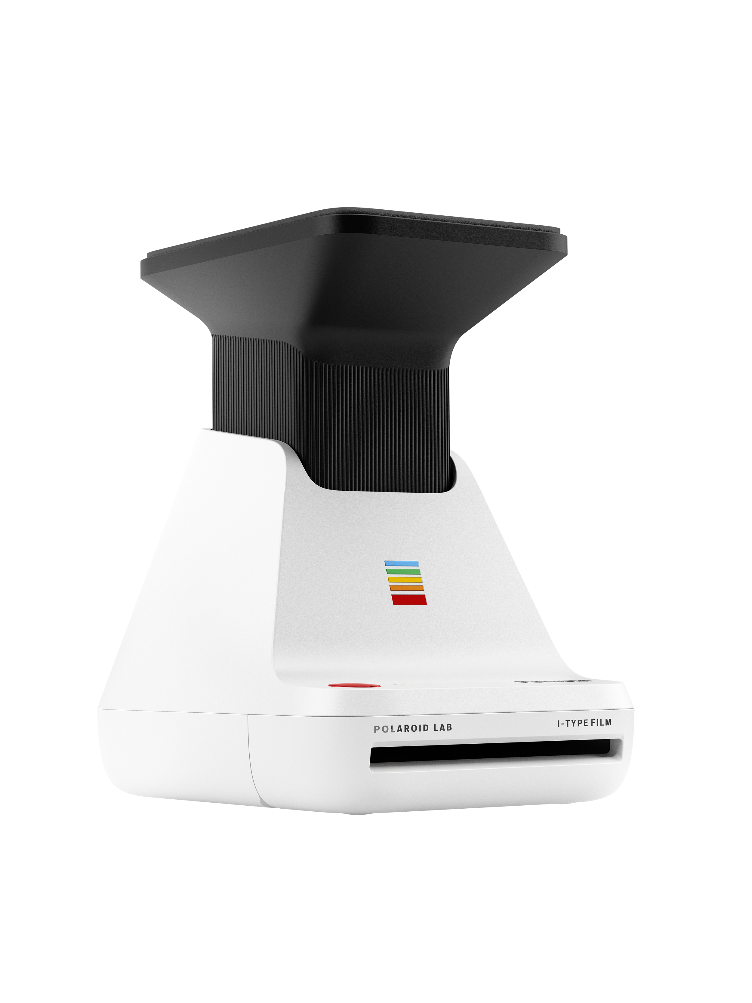 Polaroid Lab Sofortfilmdrucker, weißes Gehäuse, schwarzer Deckel, Regenbogenstreifen.