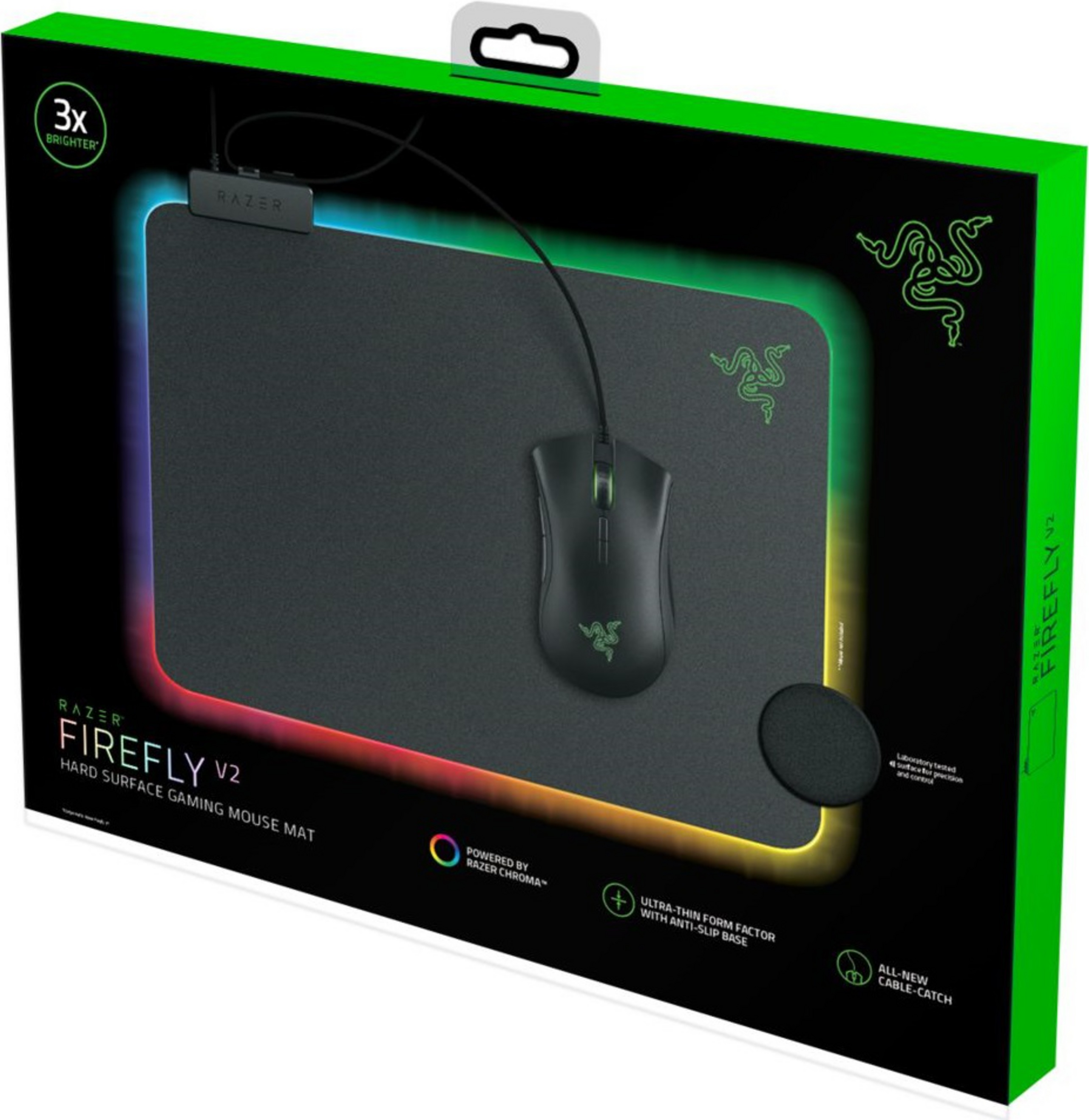 Tapis de souris noir Razer Firefly V2 avec une souris et le logo Razer. Boîte verte et noire.