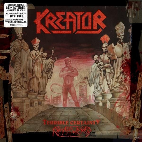 A Kreator album borítója. Csontvázak és egy ördög képe. Szöveg: Terrible Certainty.