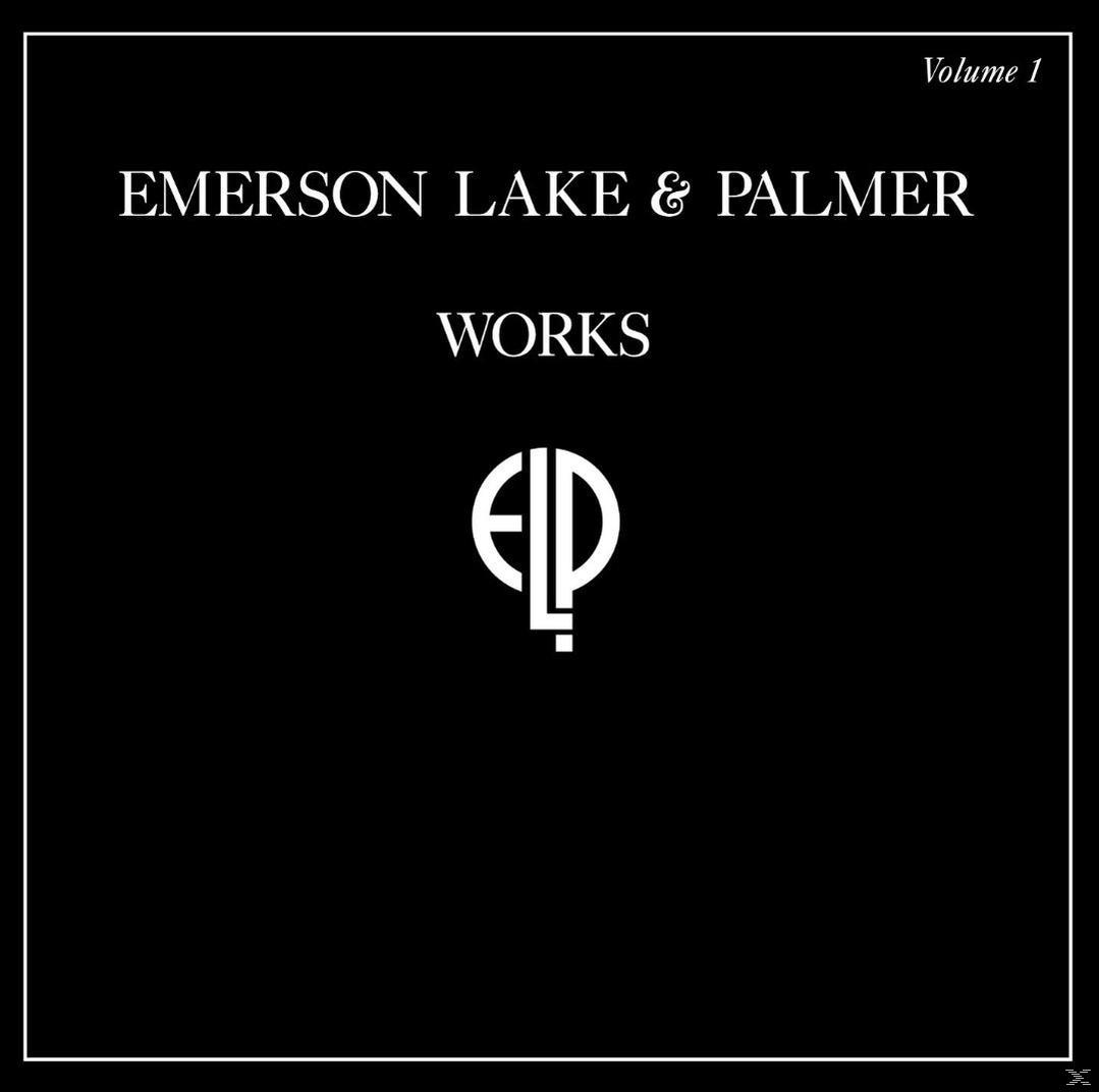 Album borító. Fekete háttér fehér szöveggel: Emerson, Lake & Palmer, Works, Volume 1, és egy ELP logó.