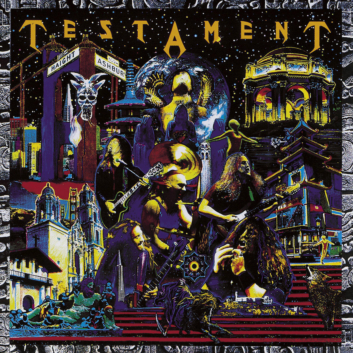 Testament album borító. A zenekar tagjai, városképek, koponya és kozmikus háttér.