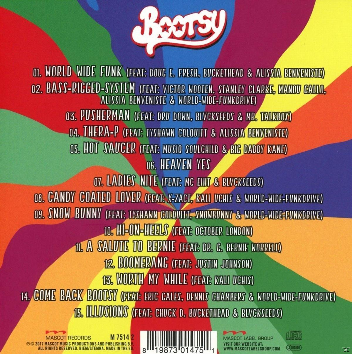 Album borítója számlistával, színes háttérrel és a 'Bootsy' szóval felül.