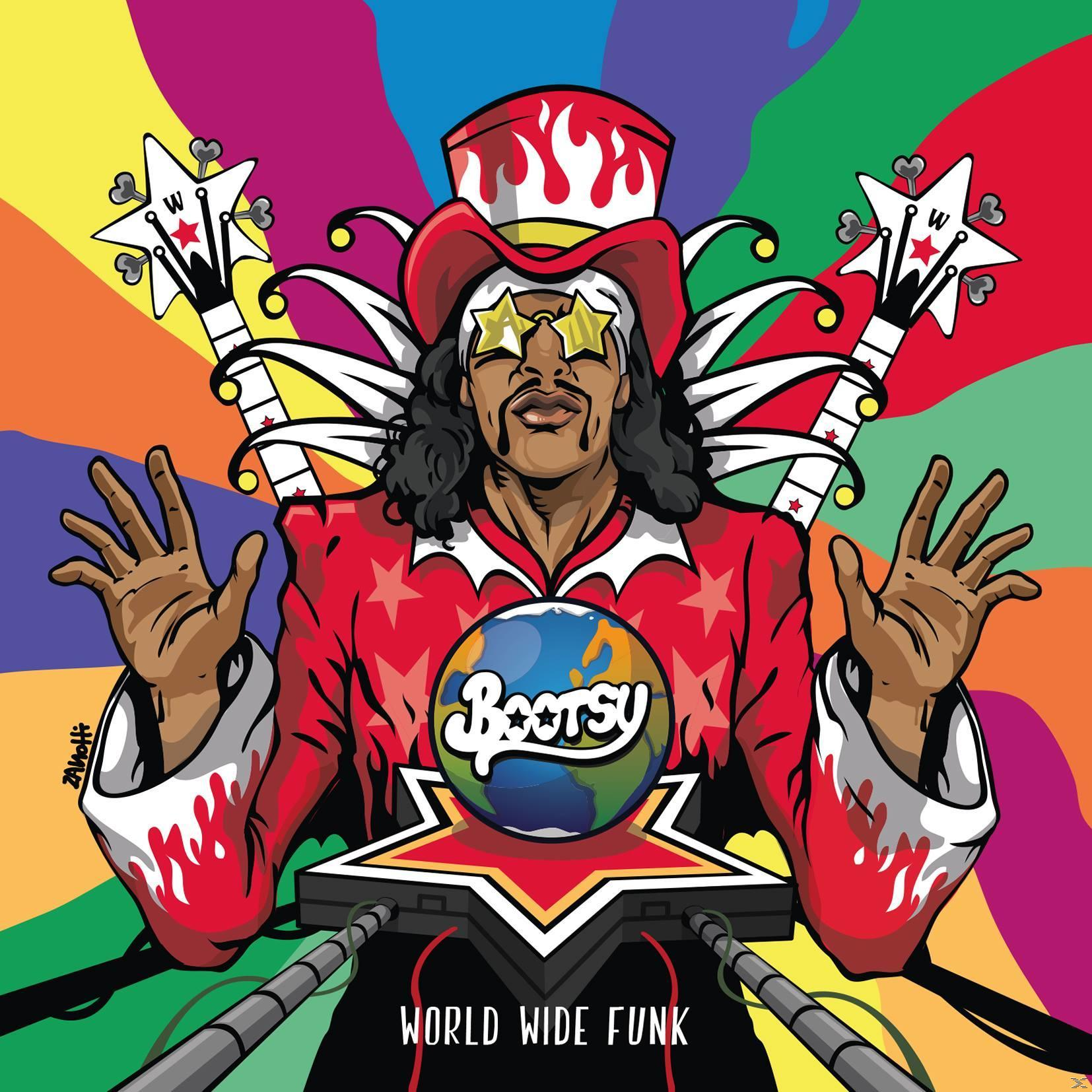 Bootsy Collins karikatúra illusztrációja gitárokkal és egy földgömbbel.