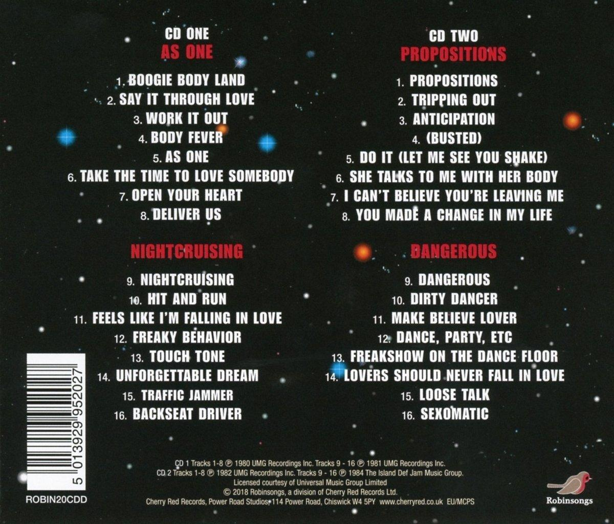 CD hátlapja számlistával. Sötét háttér narancssárga szöveggel és csillagokkal. Robinsongs és Red Records logók.