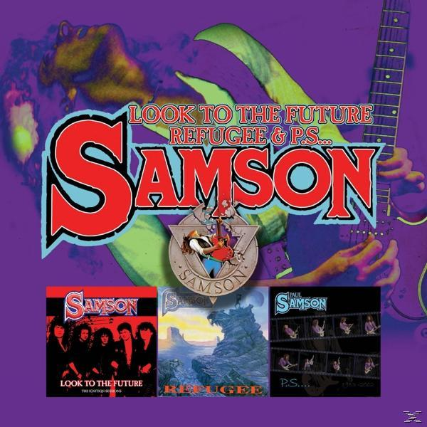 Samson album borítója több album borítóval és egy gitározó személlyel.