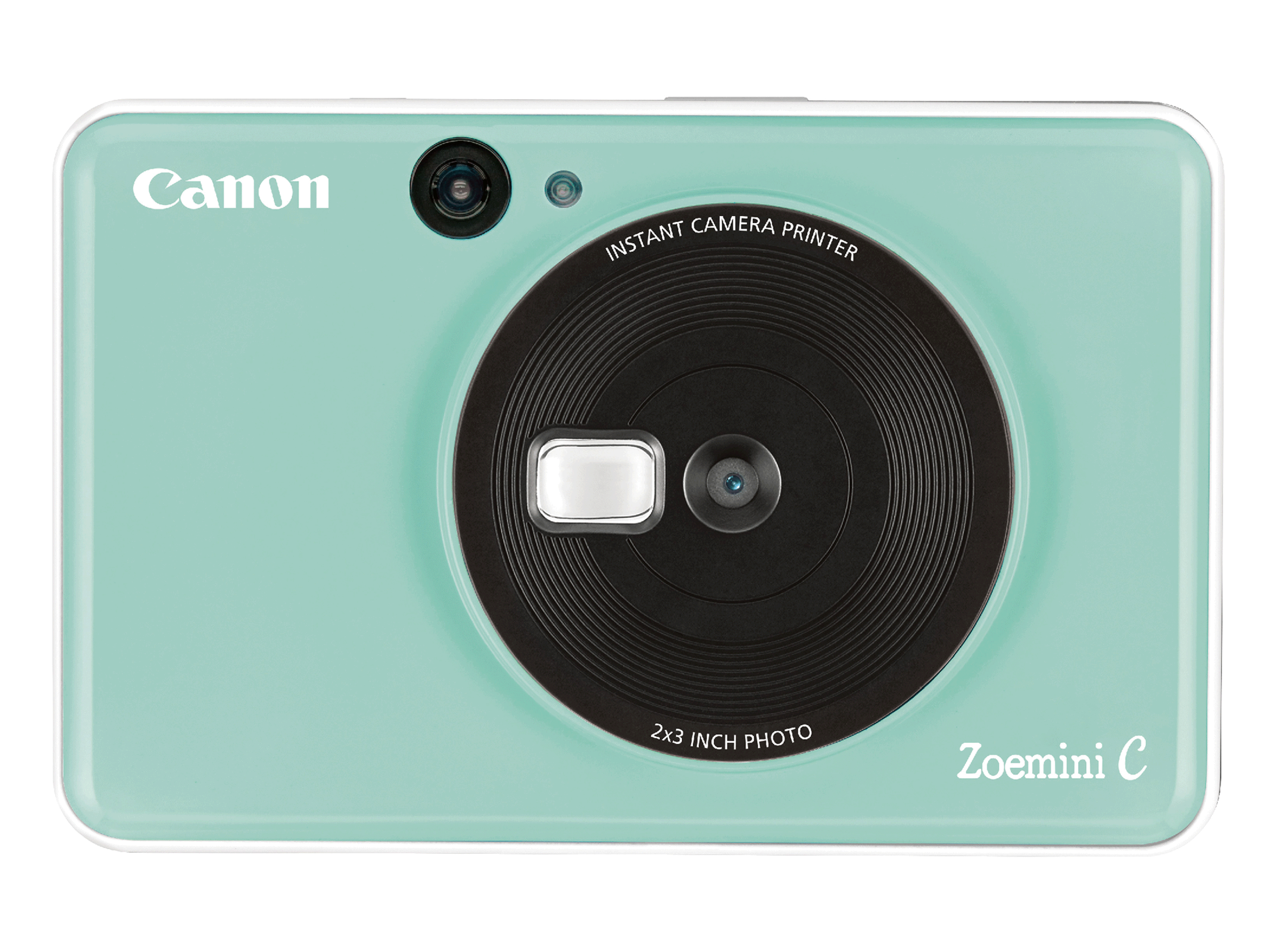 A Canon Zoemini C instant camera printer. It is mint green in color.