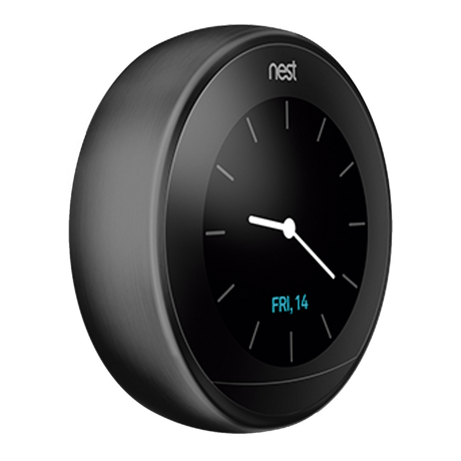 Un reloj Nest negro en una pared blanca.