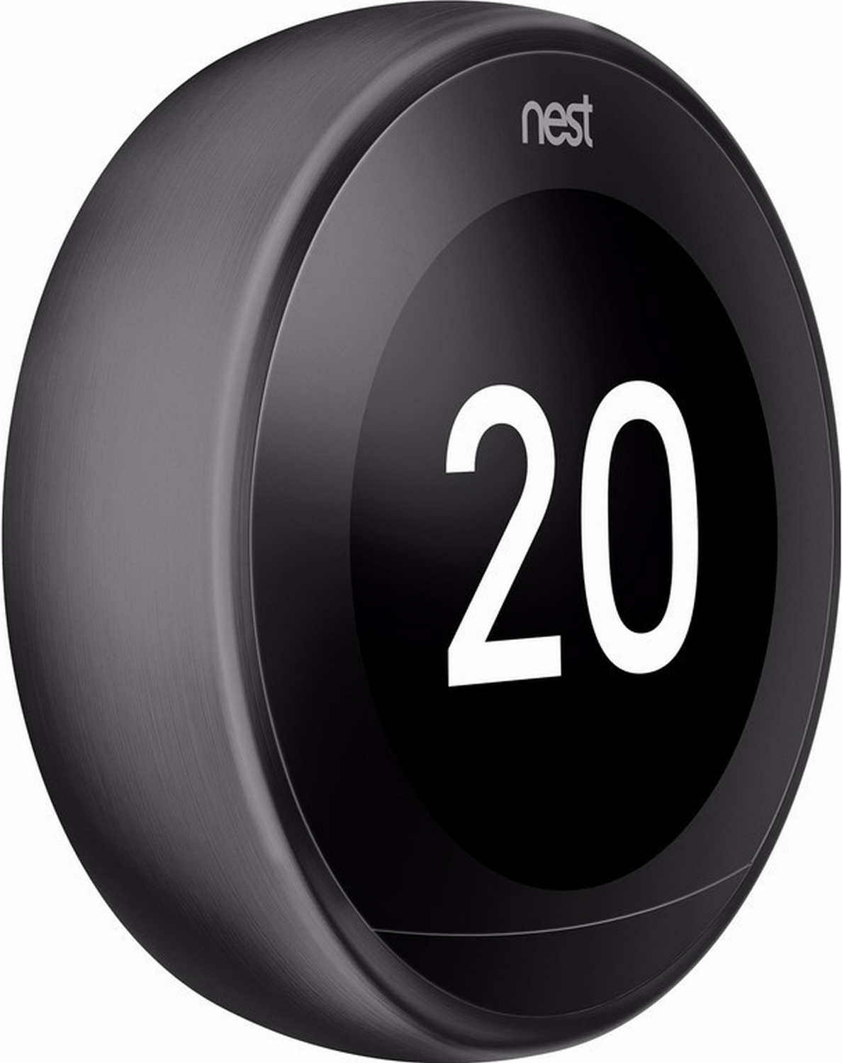 Termostato Nest negro y redondo con una pantalla negra que muestra el número 20 en blanco. El termostato está sobre un fondo blanco.