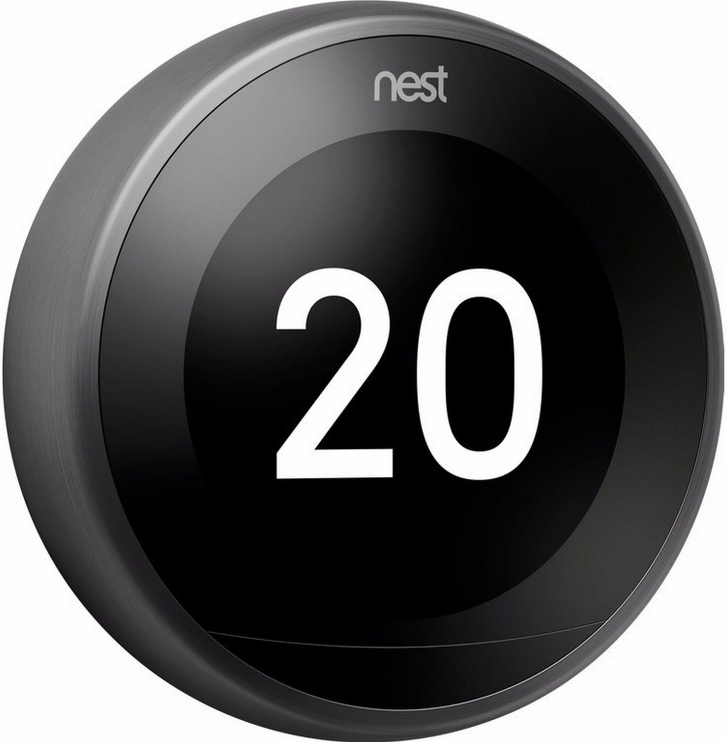 Un termostato Nest redondo con una cara negra que muestra el número 20 en blanco.