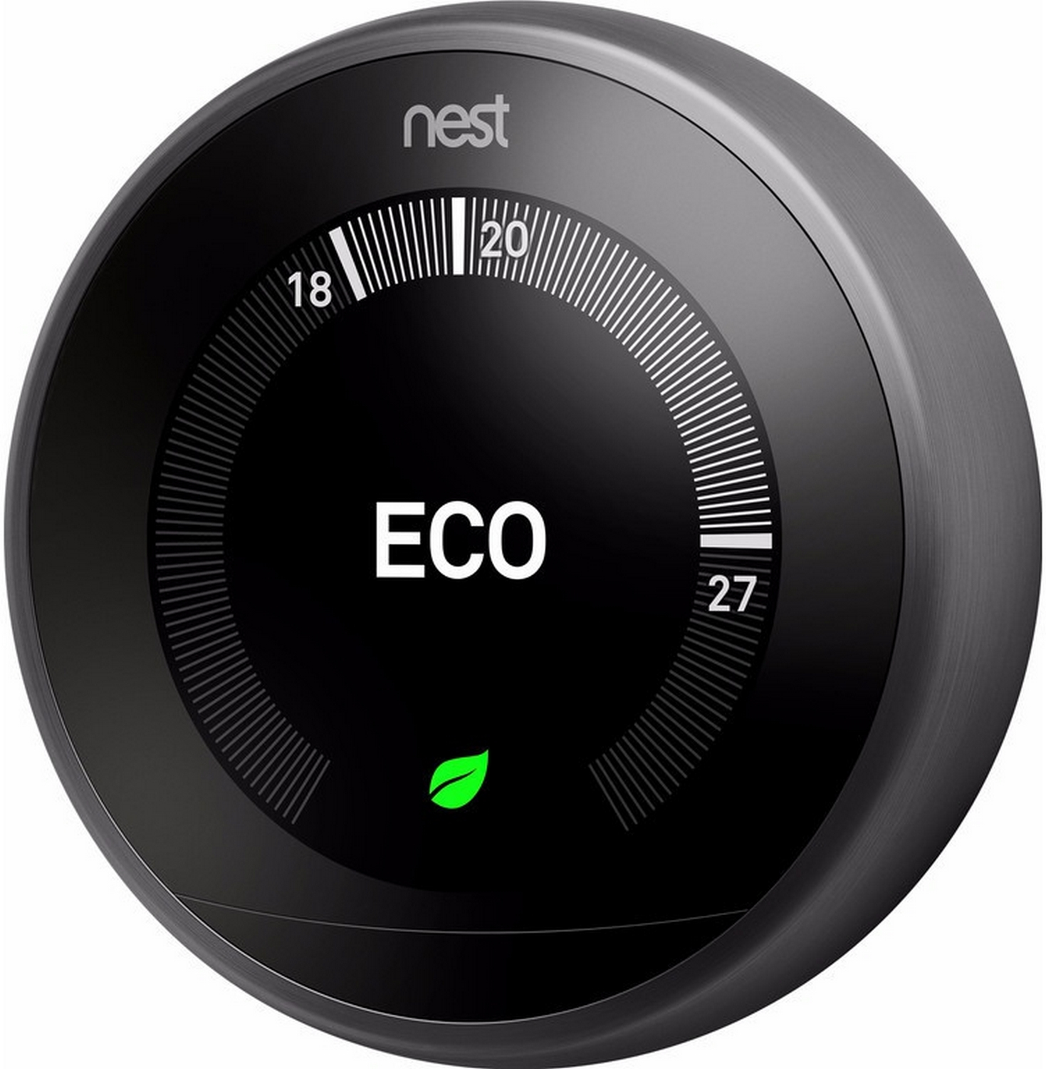 Un termostato Nest circular y negro que muestra la configuración ECO y un icono de hoja verde.