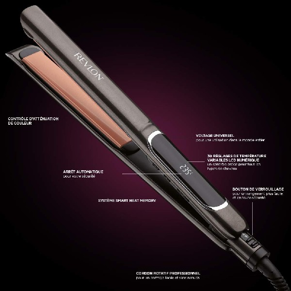Una plancha de pelo Revlon gris sobre un fondo púrpura. Tiene varias características etiquetadas.