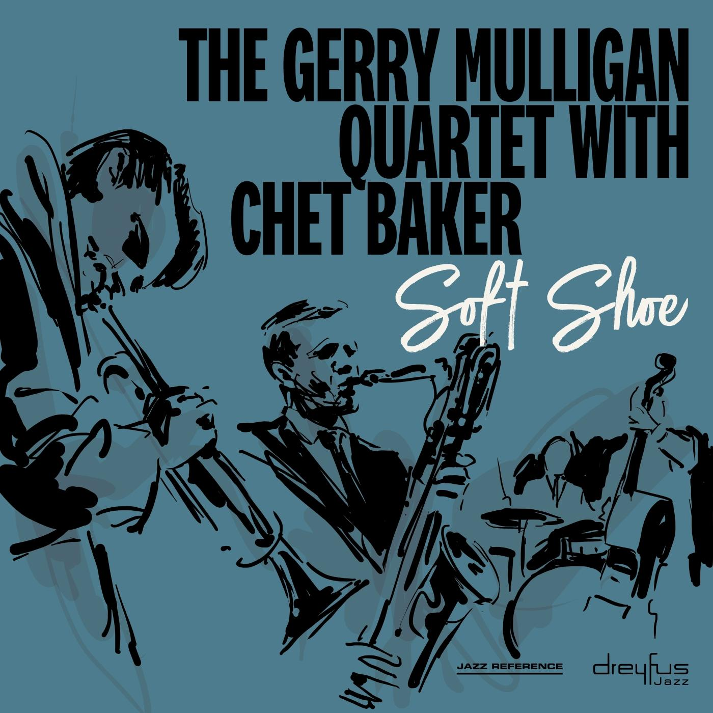 Album borító. A Gerry Mulligan Quartet Chet Bakerrel, kék árnyalatú hangszerekkel.