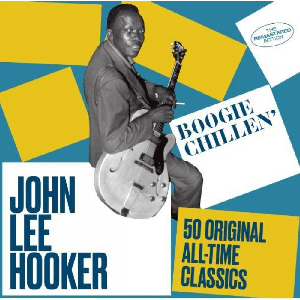 John Lee Hooker 'Boogie Chillen' albumának borítója. Egy gitáros férfi sárga és kék blokkokkal.