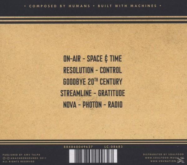 Album-Rückseite mit Text: 'On-Air - Space & Time, Resolution - Control, Goodbye 20th Century' auf Beige.