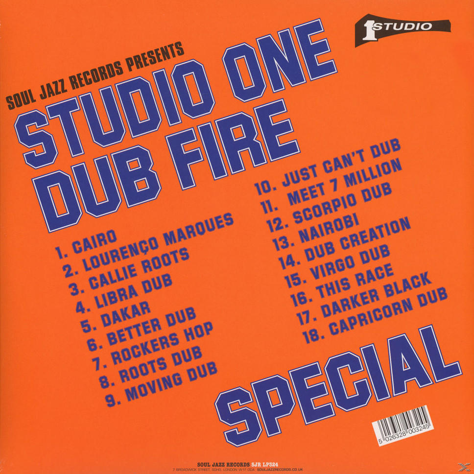 Orangenes Albumcover. Text: 'Studio One Dub Fire' und eine Liste von Songtiteln. Blauer Text auf Orange.