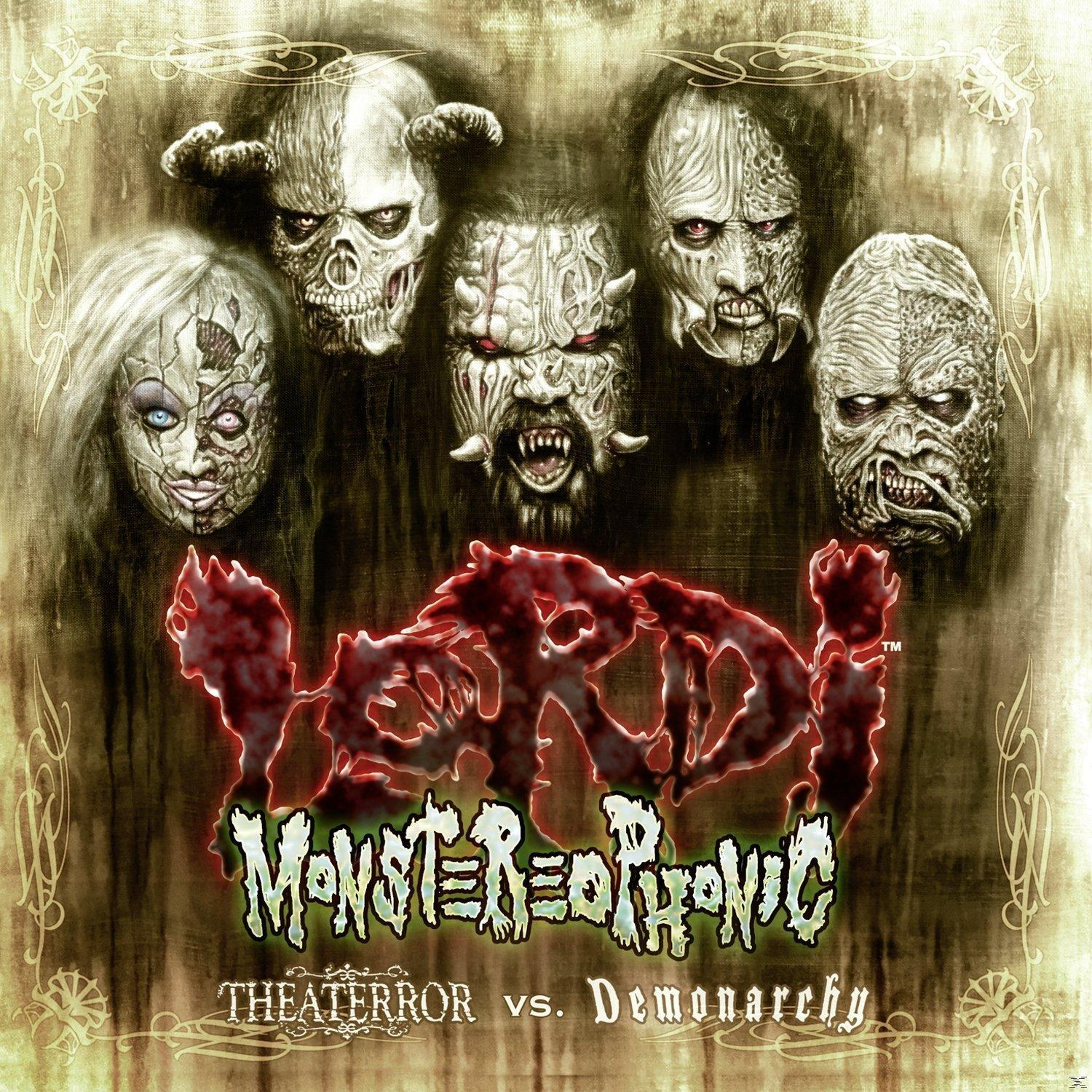 Albumcover mit grotesken Gesichtern und dem Wort 'VERD' in Rot, Titel 'Monsterphonic' in Grün.