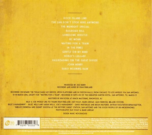 Rückseite einer CD: Trackliste, gelber Text, mit Zugbild und Text.