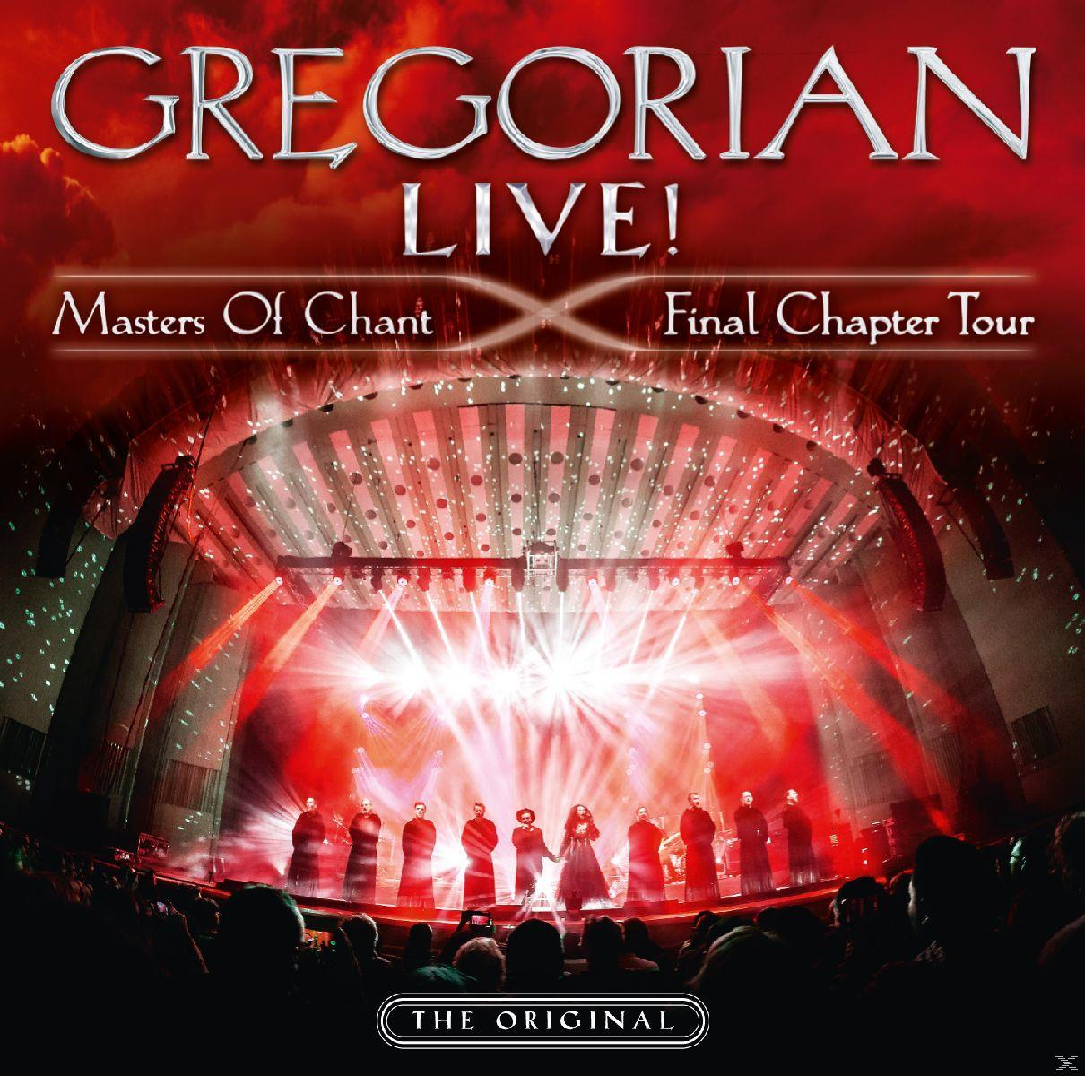 Gregorian Live-Konzertplakat: Chor auf der Bühne, Bühnenbeleuchtung, Publikum und Textüberlagerung.