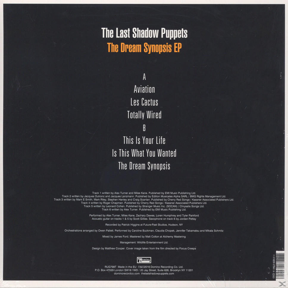 Albumcover: The Last Shadow Puppets, 'The Dream Synopsis EP'. Text listet Songtitel und Credits auf dunklem Hintergrund.