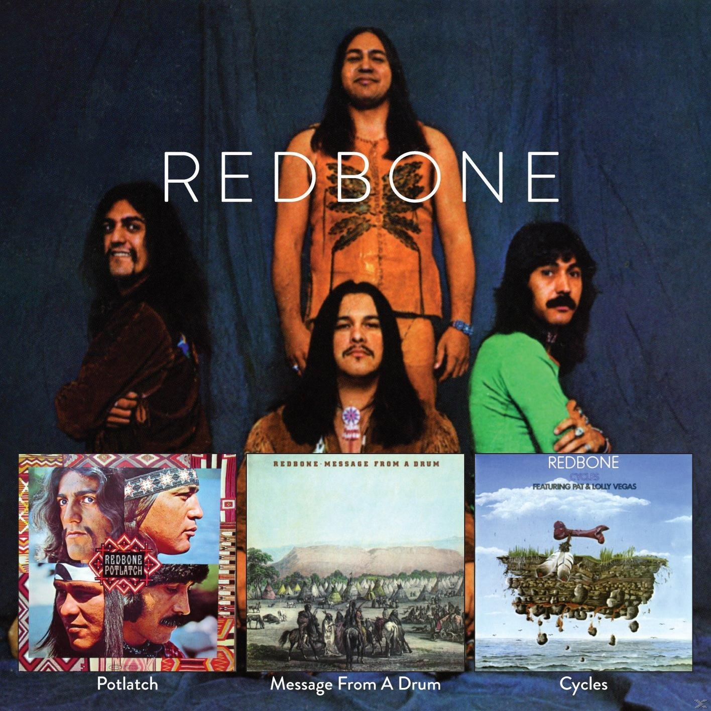 Albumcover: Vier Personen vor drei Albumcovern. Text: REDBONE.